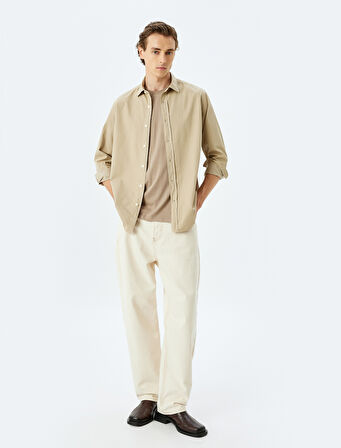 Basic Gömlek Uzun Kollu Yarım İtalyan Yaka Düğmeli Pamuklu