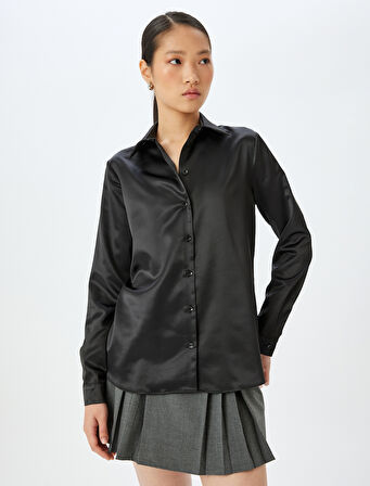 Klasik Yaka Düğmeli Uzun Kollu Saten Gömlek