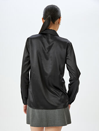 Klasik Yaka Düğmeli Uzun Kollu Saten Gömlek