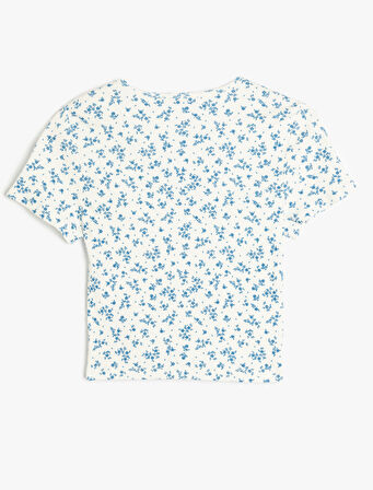  V Yaka Düğmeli Çiçek Desenli Slim Fit Crop Tişört