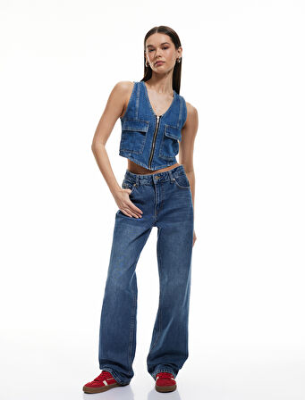 Fermuarlı Cepli V Yaka Pamuklu Kolsuz Denim Yelek