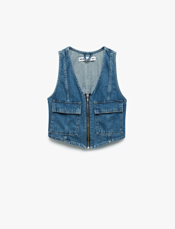 Fermuarlı Cepli V Yaka Pamuklu Kolsuz Denim Yelek