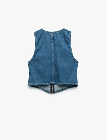 Fermuarlı Cepli V Yaka Pamuklu Kolsuz Denim Yelek