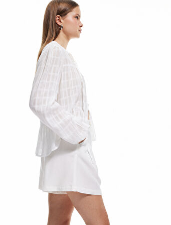 Keten Karışımlı Düğmeli Pileli Mini Şort