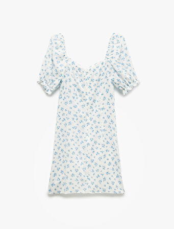 Viskon Kalp Yaka Balon Kol A Kesim Slim Fit Mini Çiçekli Elbise