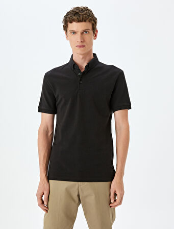Kısa Kollu Düğme Detaylı Pamuklu Slim Fit Polo Yaka Tişört