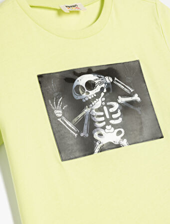 İskelet Baskılı Bisiklet Yaka Pamuklu Kısa Kollu Tişört