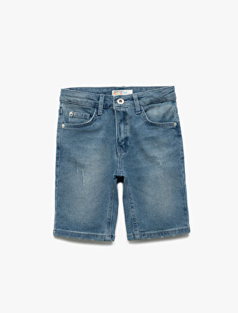 Pamuklu Beli Ayarlanabilir Lastikli Cep Detaylı Denim Şort