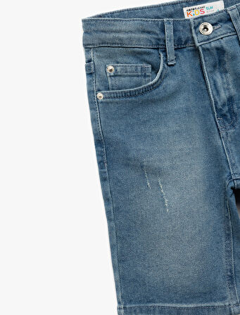 Pamuklu Beli Ayarlanabilir Lastikli Cep Detaylı Denim Şort