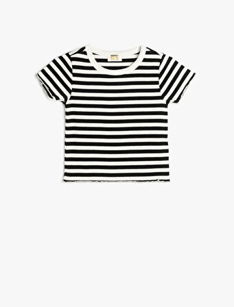 Kısa Kollu Bisiklet Yaka Çizgili Crop Tişört