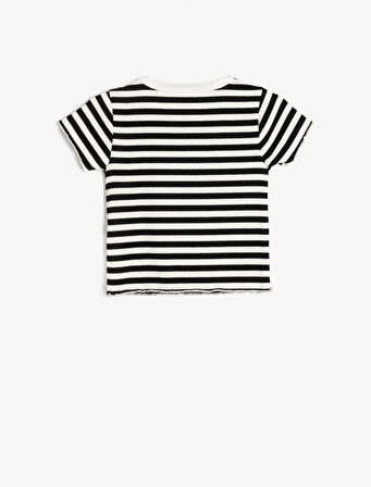 Kısa Kollu Bisiklet Yaka Çizgili Crop Tişört
