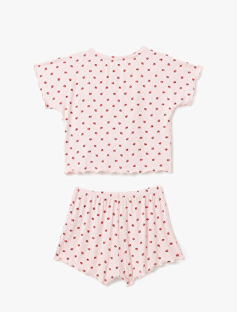 Viskon Kumaş Çilek Baskılı Bisiklet Yaka Kısa Kollu Şortlu Pijama Takımı
