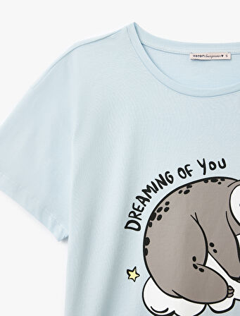 Pamuklu Baskılı Kısa Kollu Bisiklet Yaka Şortlu Pijama Takımı