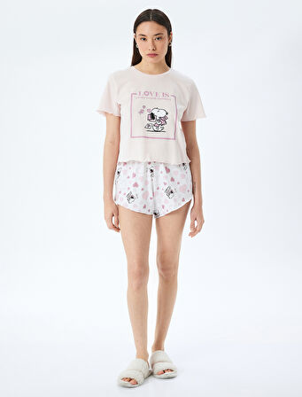 Pamuklu Lisanslı Snoopy Baskılı Kısa Kollu Şortlu Pijama Takımı