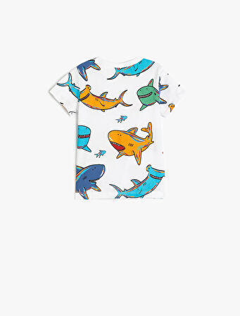 Köpekbalığı Baskılı Pamuklu Bisiklet Yaka Kısa Kollu Tişört