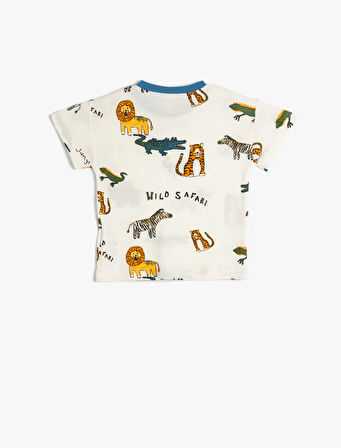 Tişört Hayvanlar Baskılı Kısa Kollu Bisiklet Yaka Pamuklu