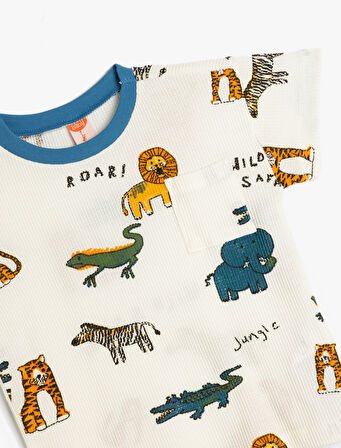 Tişört Hayvanlar Baskılı Kısa Kollu Bisiklet Yaka Pamuklu