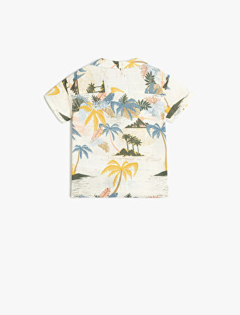 Palmiye Baskılı Düğmeli Pamuklu Kısa Kollu Gömlek