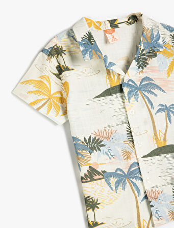 Palmiye Baskılı Düğmeli Pamuklu Kısa Kollu Gömlek