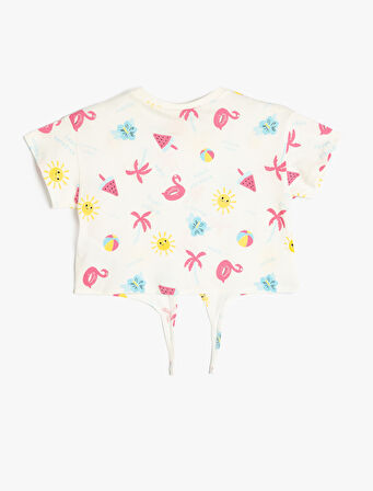 Bağlama Detaylı Baskılı Bisiklet Yaka Kısa Kollu Pamuklu Tişört