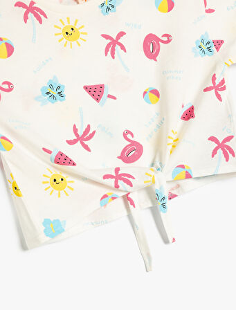 Bağlama Detaylı Baskılı Bisiklet Yaka Kısa Kollu Pamuklu Tişört