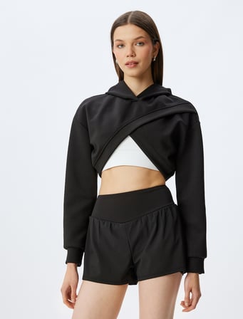 Kapüşonlu Asimetrik Kesim Katlı Crop Rahat Kalıp Sweatshirt İnterlok