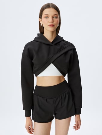 Kapüşonlu Asimetrik Kesim Katlı Crop Rahat Kalıp Sweatshirt İnterlok