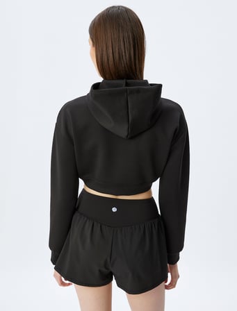 Kapüşonlu Asimetrik Kesim Katlı Crop Rahat Kalıp Sweatshirt İnterlok
