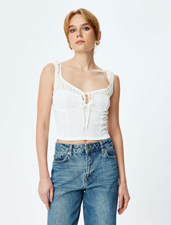 Slim Fit Bağcıklı Kalp Yaka Kalın Askılı Üst