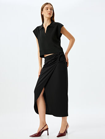 Slim Fit Drapeli Midi Boy Asimetrik Kruvaze Etek