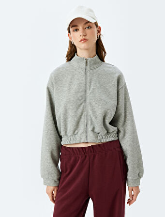 Rahat Kalıp Dik Yaka Crop Fermuarlı Sweatshirt 