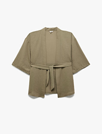 Kruvaze Beli Bağcıklı Kısa Geniş Kollu Kimono