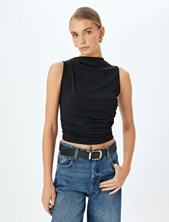 Asimetrik Hafif Dik Yaka Drapeli Slim Fit Kolsuz Bluz