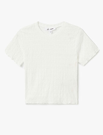 Basic Kısa Kollu Bisiklet Yaka Dokulu Crop Tişört