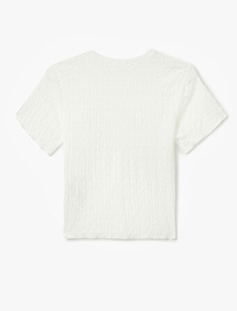 Basic Kısa Kollu Bisiklet Yaka Dokulu Crop Tişört