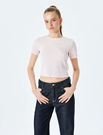 Basic Kısa Kollu Bisiklet Yaka Dokulu Crop Tişört