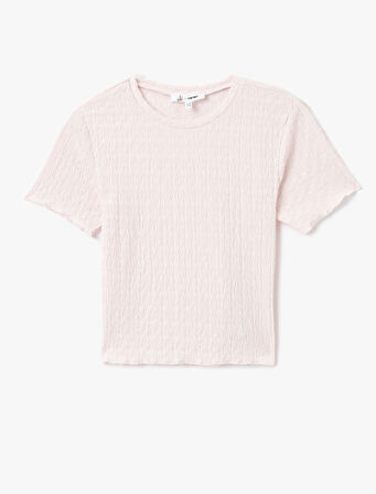 Basic Kısa Kollu Bisiklet Yaka Dokulu Crop Tişört