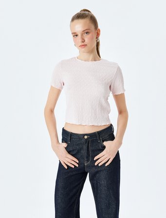 Basic Kısa Kollu Bisiklet Yaka Dokulu Crop Tişört Bürümcük