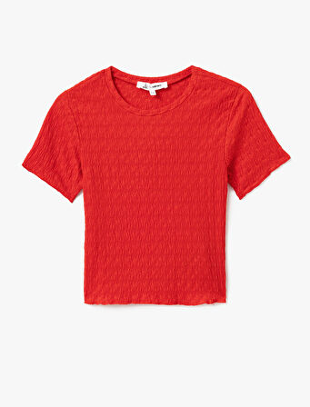 Basic Kısa Kollu Bisiklet Yaka Dokulu Crop Tişört