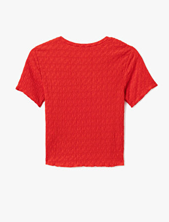 Basic Kısa Kollu Bisiklet Yaka Dokulu Crop Tişört