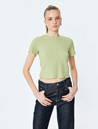 Basic Kısa Kollu Bisiklet Yaka Dokulu Crop Tişört