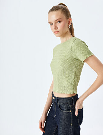 Basic Kısa Kollu Bisiklet Yaka Dokulu Crop Tişört