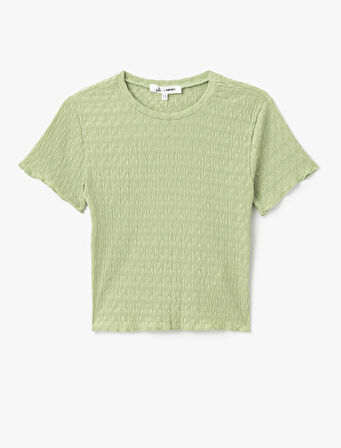Basic Kısa Kollu Bisiklet Yaka Dokulu Crop Tişört