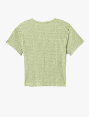 Basic Kısa Kollu Bisiklet Yaka Dokulu Crop Tişört