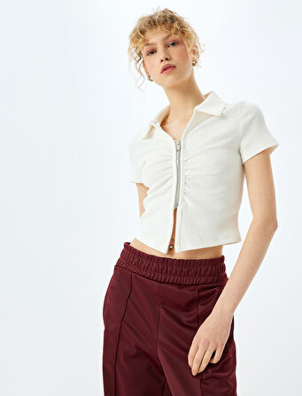 Fermuar Detaylı Slim Fit Drapeli Kısa Kollu Crop Tişört