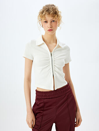 Fermuar Detaylı Slim Fit Drapeli Kısa Kollu Crop Tişört