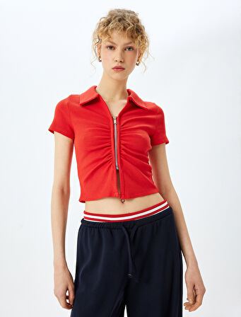 Fermuar Detaylı Slim Fit Drapeli Kısa Kollu Crop Tişört