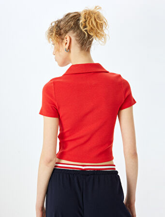Fermuar Detaylı Slim Fit Drapeli Kısa Kollu Crop Tişört