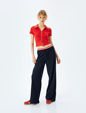 Fermuar Detaylı Slim Fit Drapeli Kısa Kollu Crop Tişört