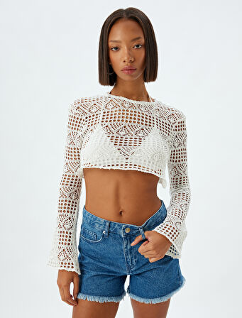 Ajurlu Tişört Crop Uzun Kollu Bisiklet Yaka